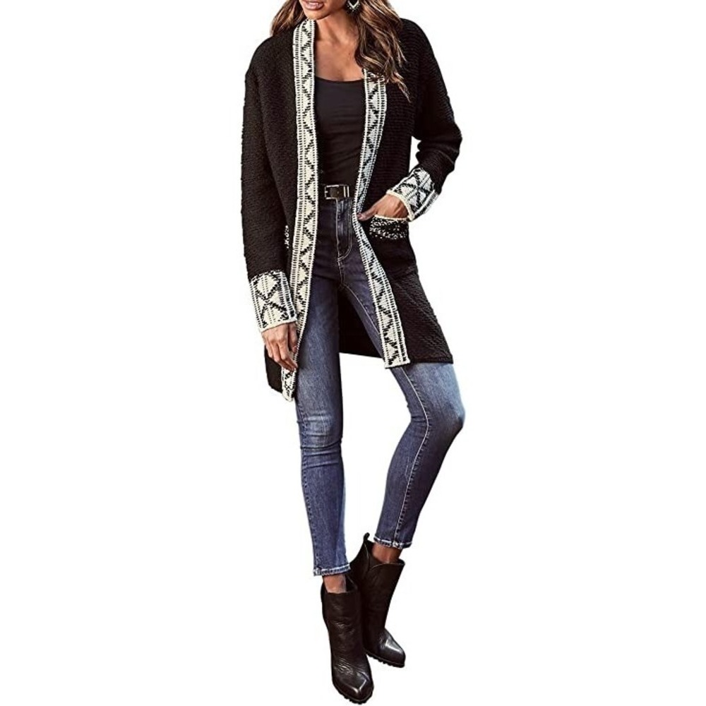 LASCANA Contrast Trim Long Boho Cardigan, Black &‎ White, Modern Jackets Women M